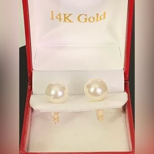 Solid 14K Yellow Gold Pearl Stud Earrings Large 10mm Pearl -AS IS Still Wearable